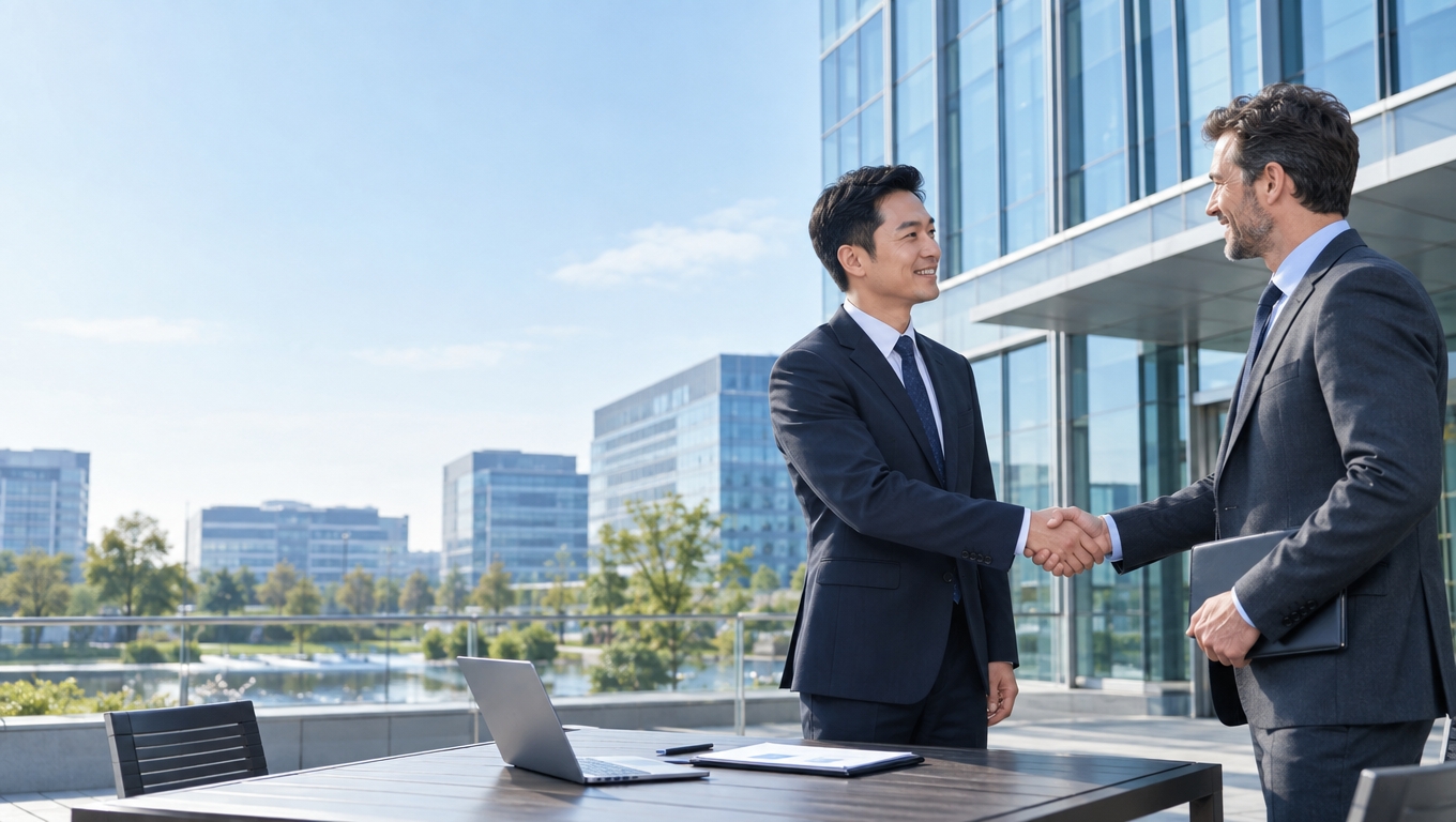 中方企业代表与海外合作伙伴在户外商务环境会面